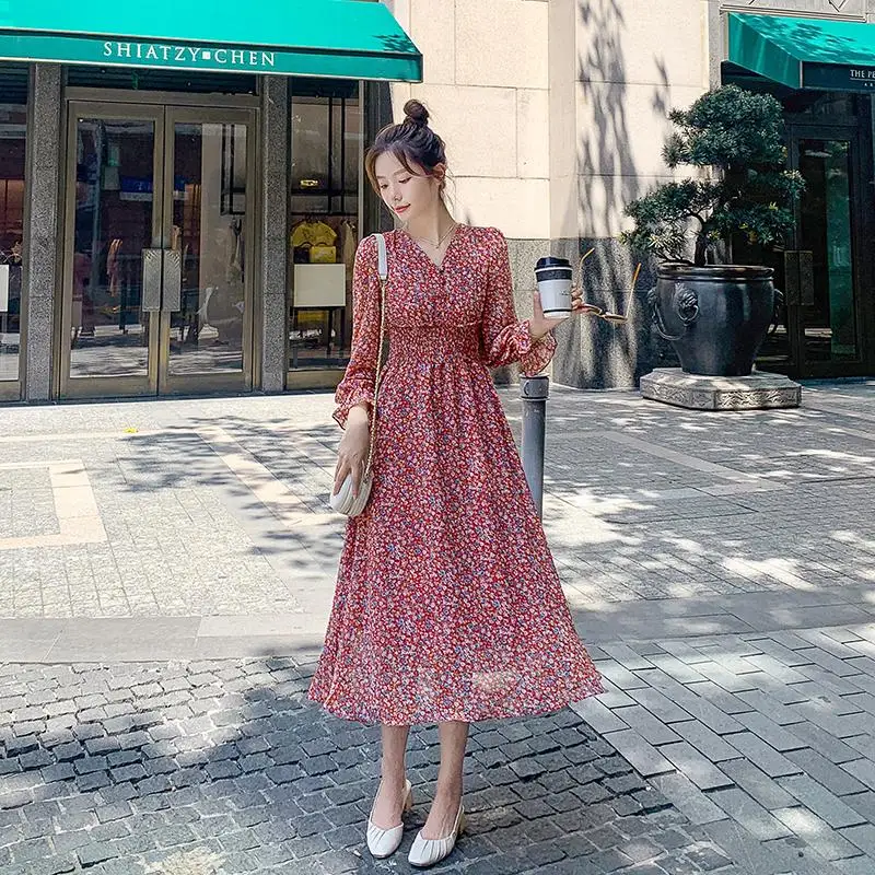 Sandrid осеннее красное платье с цветочным рисунком свитер треугольным вырезом и