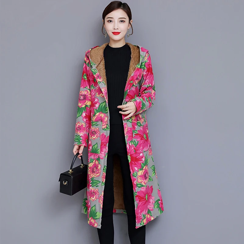 

Новинка 2019, осенне-зимние женские куртки с капюшоном, уплотненное хлопковое пальто с принтом, модный Национальный стиль, большой размер 3XL, в...