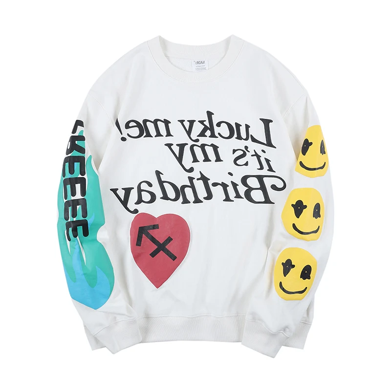 

Kanye West Lucky me Smiley Letter Print Sweatshirt Men and Women O Neck Stranger Things Oversize Hoodies Streetwear Casual Hoody