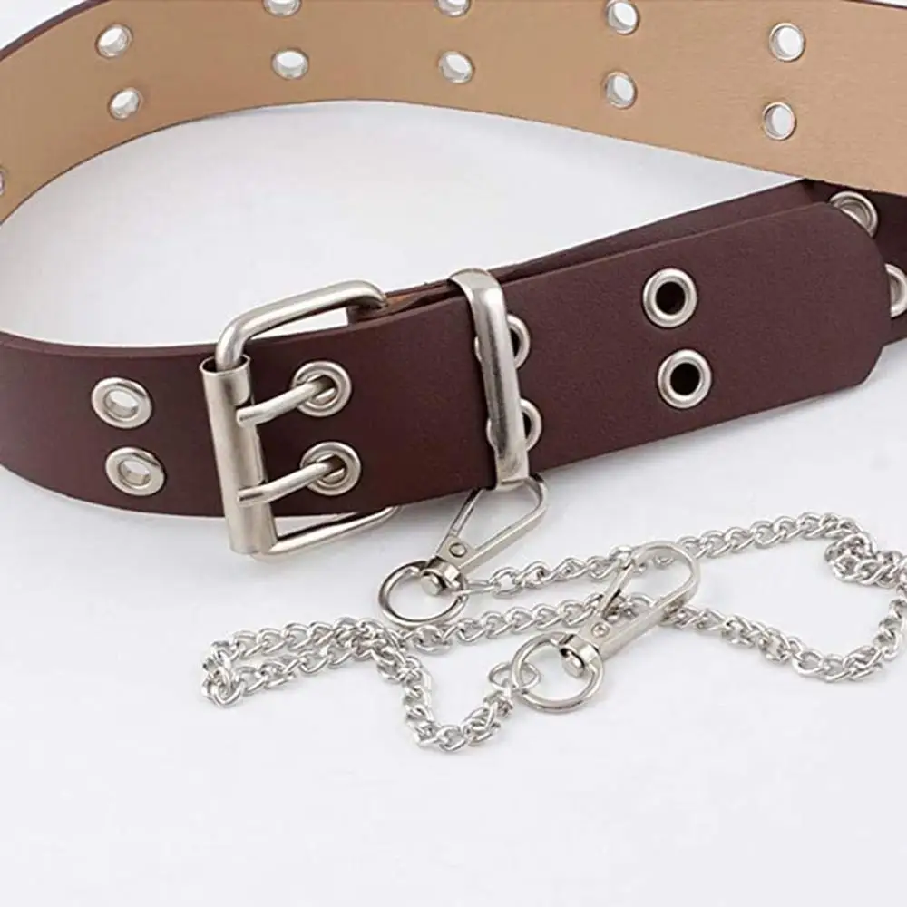 

Fashion Harajuku Women Punk Chain Belt Adjustable Black Double/Single Eyelet Grommet Metal Buckle Leather Waistband For Jeans