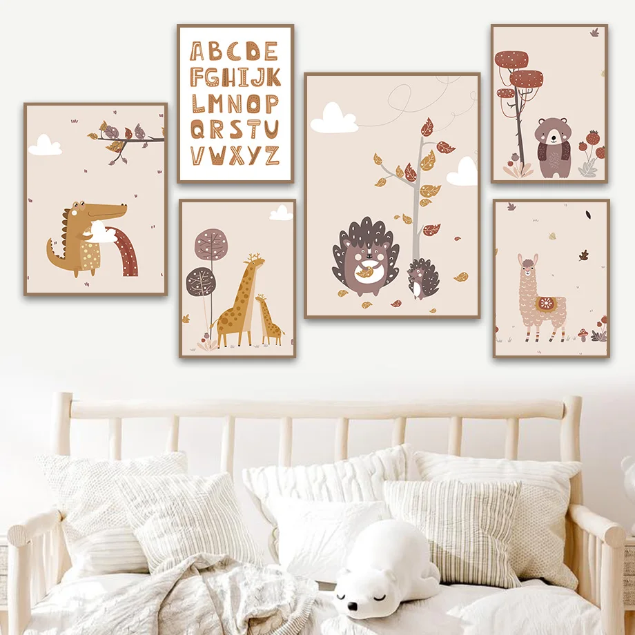 

Alphabet Giraffe Hedgehog Tree Cartoon Nursery Nordic Posters And Prints Wall Art Canvas Painting Wall Pictures Kids Room Decor