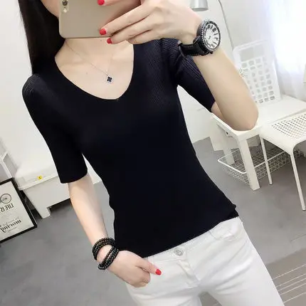 OHCLOTHINGnew style2019, короткий рукав, хлопок, круглый вырез, свитер, Женский рукав, голова, рукав, рубашка, пять, Одноцветный, плотный свитер, тонкий, ремонт - Цвет: V  black