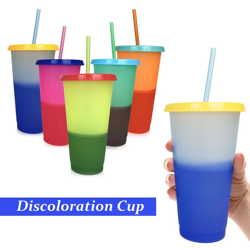 

1Pcs Color Changing Cup Plastic Drinking Tumblers With Lid and Straw Magic Reusable Candy Colors Cold Cup For Summer Bottle