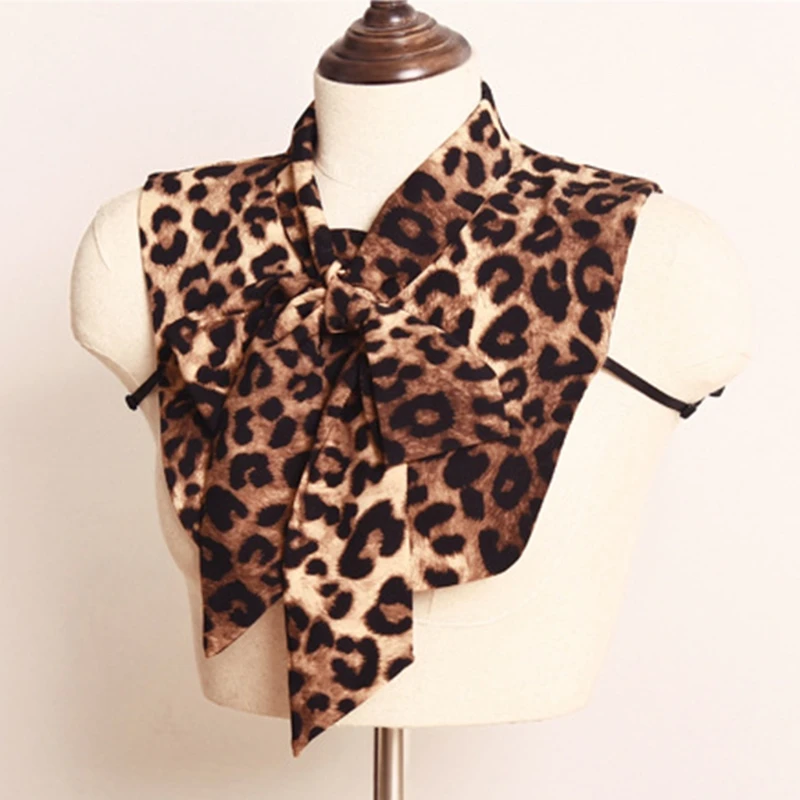 

Women Vintage Leopard Print False Collar Detachable Dickey Blouse Elegant Office Lady Bow Tied Neck Half Shirt Working Suit