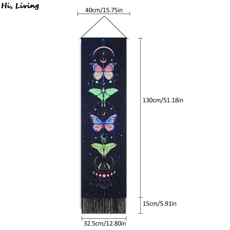 

Butterfly Insect Moon Phase Tapestry Scroll Drawing Decor Macrame Tassel Wall Hanging Bedroom Art Background Cloth Tapesry