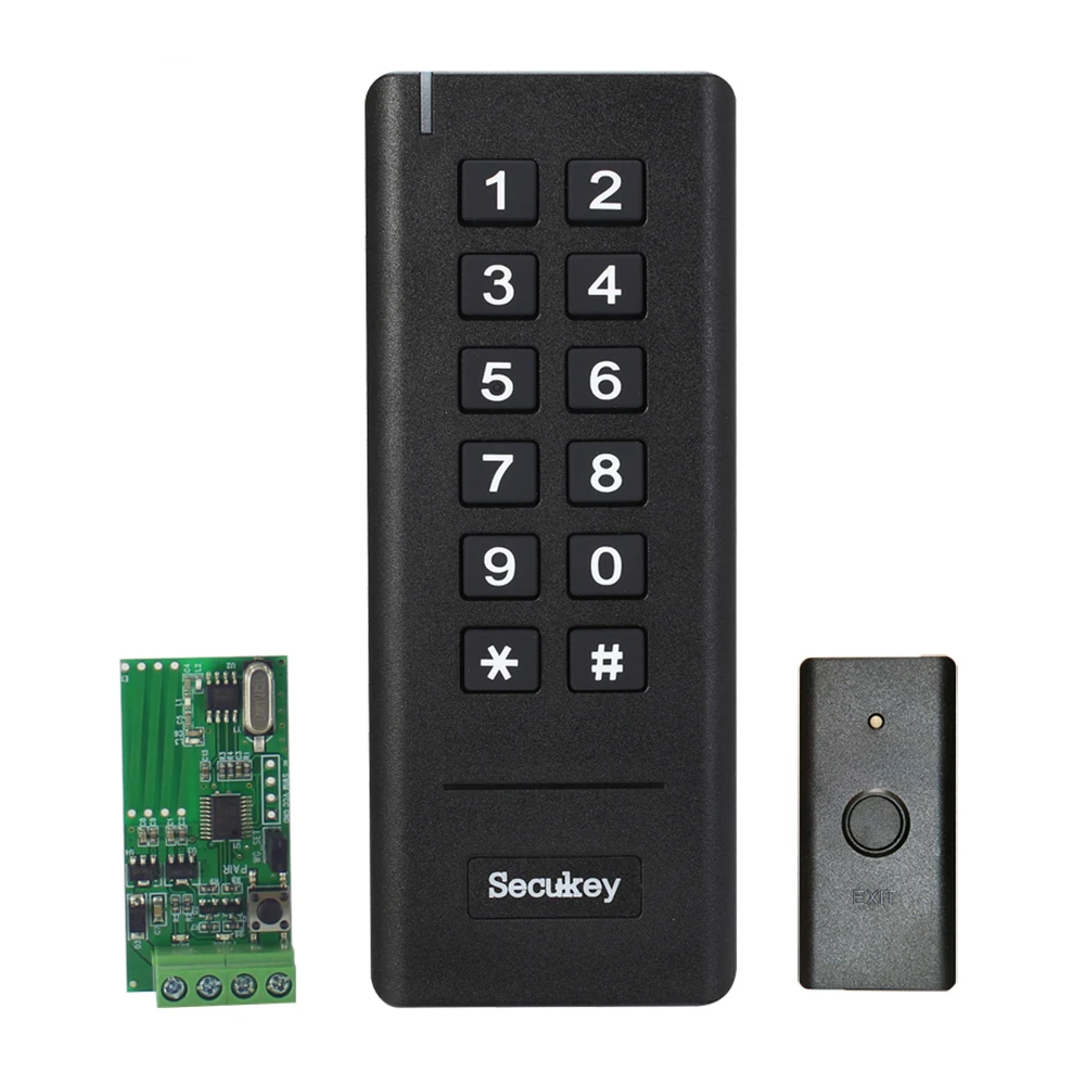 Беспроводной считыватель RFID-карт с клавиатурой и кнопкой выхода на основе технологии Wiegand на частоте 433 МГц с приемником сигнала и батарейным питанием.