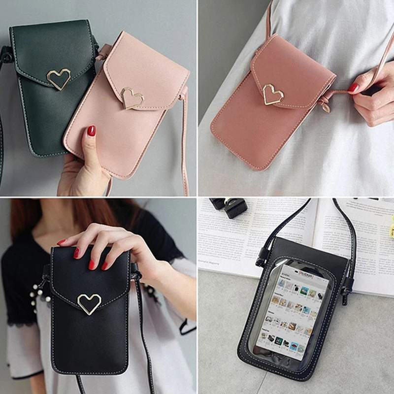

Women Bag For Phone Transparent Women Coin Purse Cross Shoulder Bag Girls Cute Phone Bag Mini Heart type Hasp Mobile Pouch