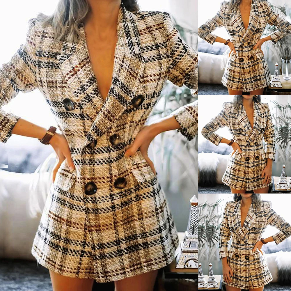 

Women Blazer Pocket Mid-Length Blazer Coat Office Coat Long Sleeve Plaid Printed Double Breasted Turn-Down Ladies Jacket Outwear