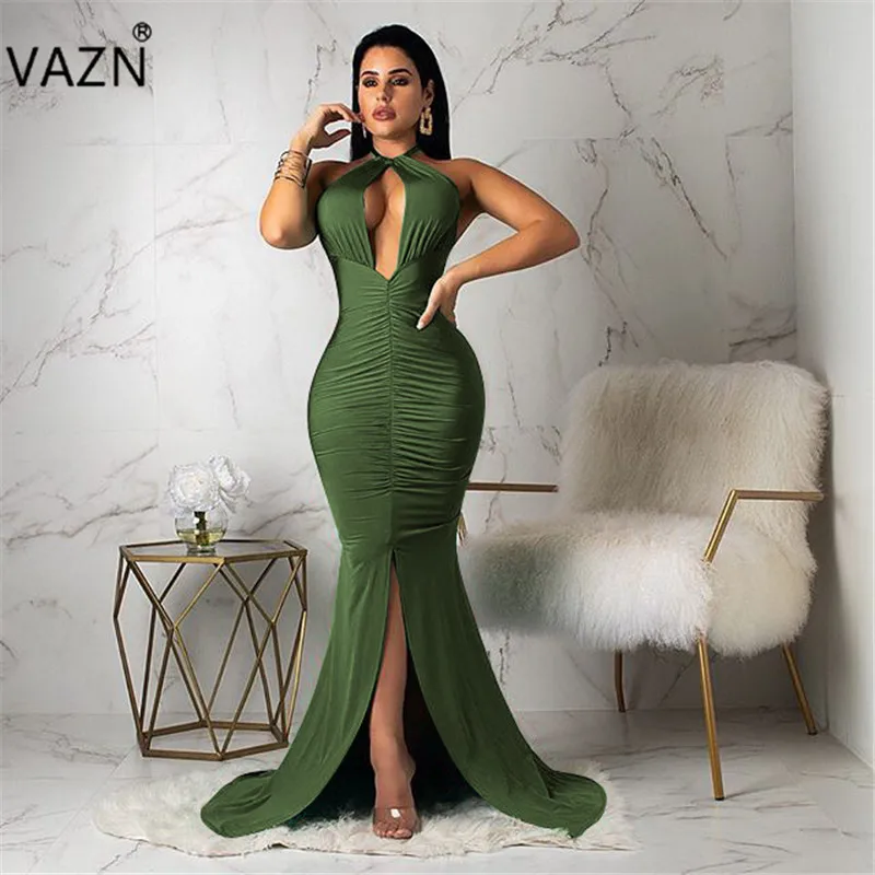 Женское платье с лямкой на шее VAZN FM1011 однотонное облегающее в пол 4 цвета для лета