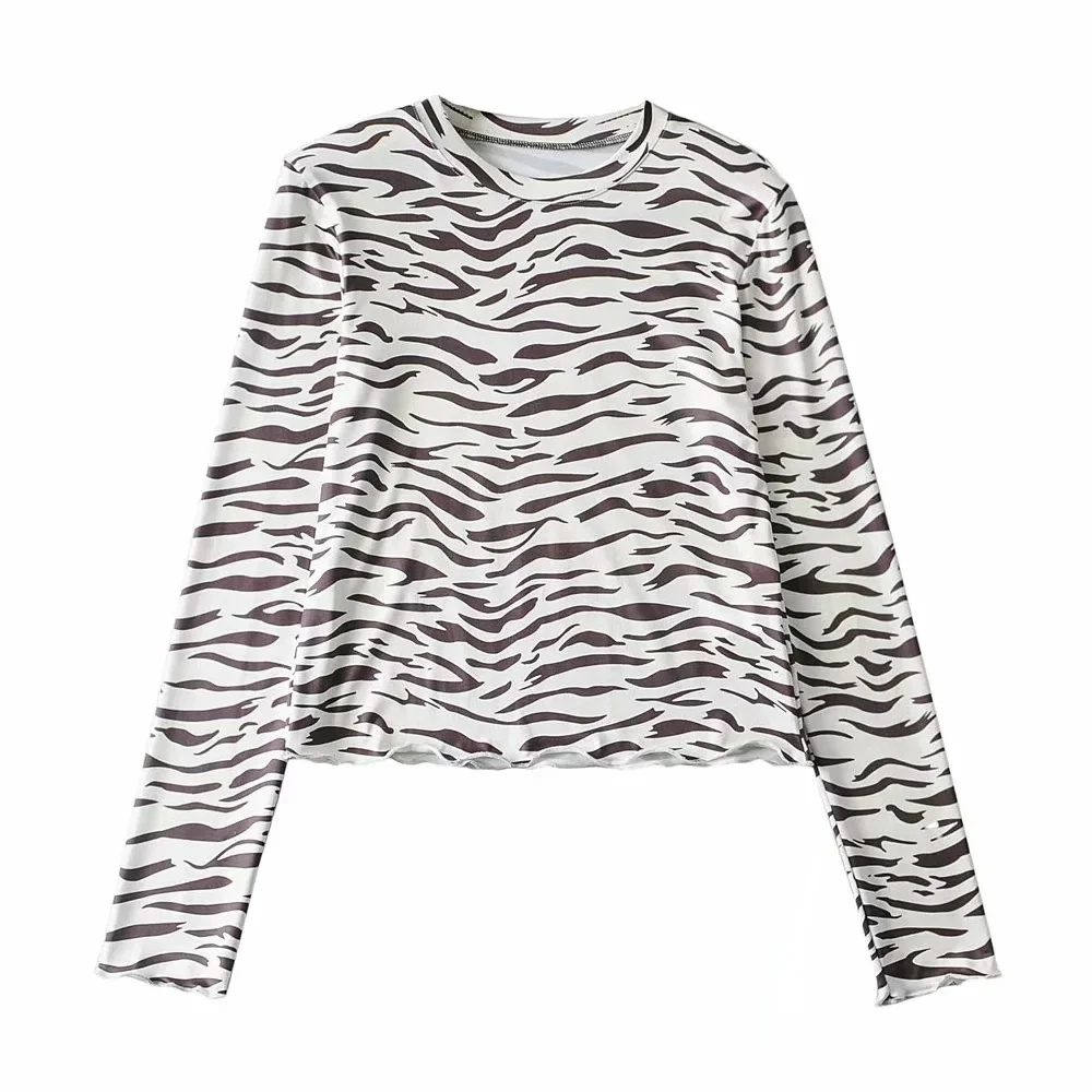 

Women's Cloth 2021 New Zebra Print Bottoming Shirt Dark Trend Long-sleeved T-shirt Short Top Comfortable Cotton