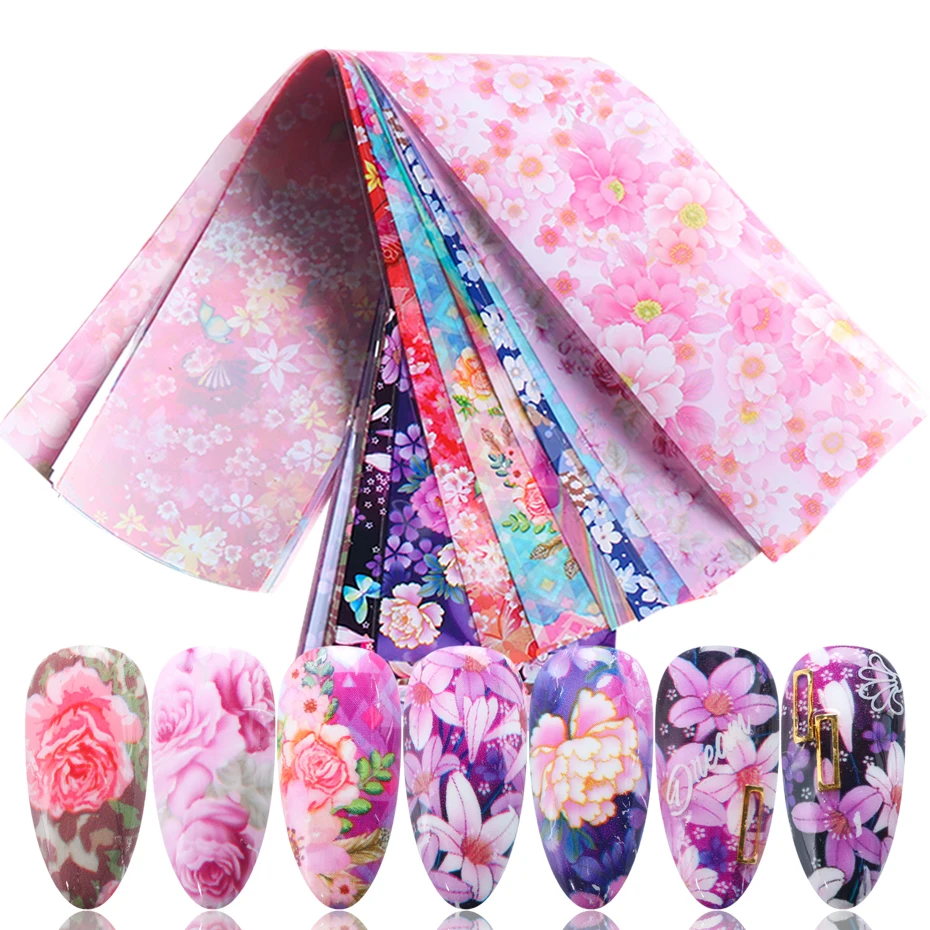 

10pcs Colorful Flowers Print Stickers On Nails Foils Starry Sky Wraps Transfer Decals For Manicure Nail Art Decorations SAXK139