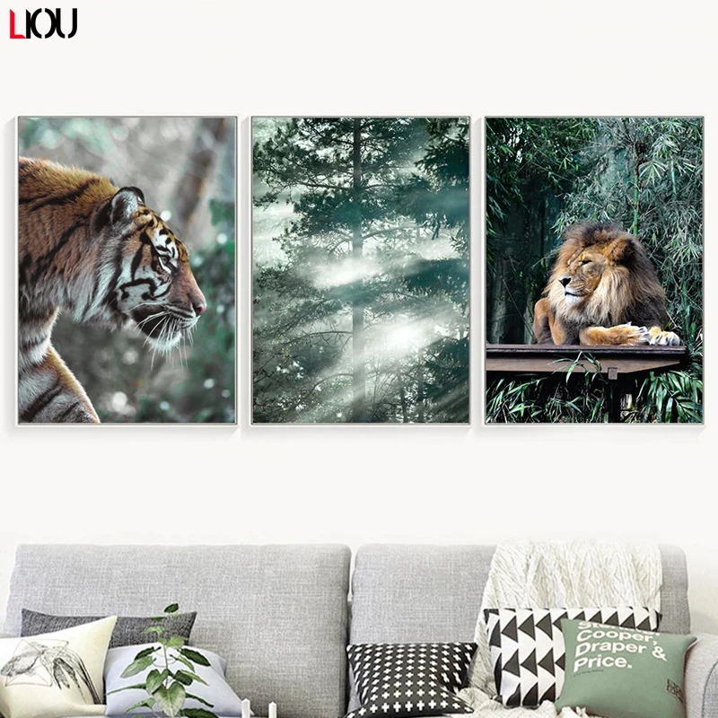 Настенная Картина на холсте с изображением джунглей гепарда льва монстеры