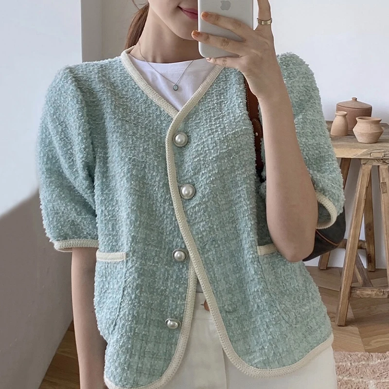 

Korean Short Sleeve Tweed Coat Women Summer Spring Single Breasted V-neck Loose Elegant Ladies Jacket Vintage Outerwear