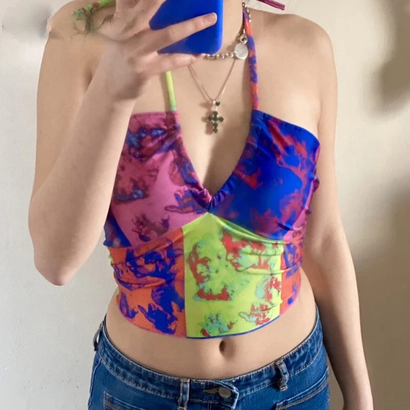 

Harajuku Summer V-neck Backless Crop Tops E-girl Aesthetics Plaid Graphic Print Drawstring Halter Top Y2K Tanks Retro