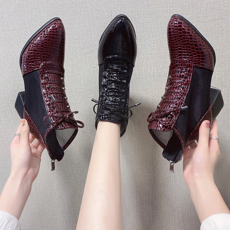 

Women Boots Summer Ankle Classic Solid Color PU Classic Hollow Out Mesh Zipper Casual Short Boots Zapatillas Mujer