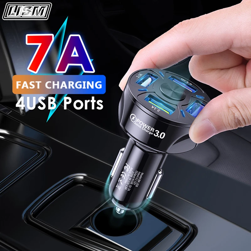 

LISM USB Car Charger 4 Ports 48W Quick 7A Mini Fast Charging For iPhone 11 Xiaomi Huawei Mobile Phone Charger Adapter in Car
