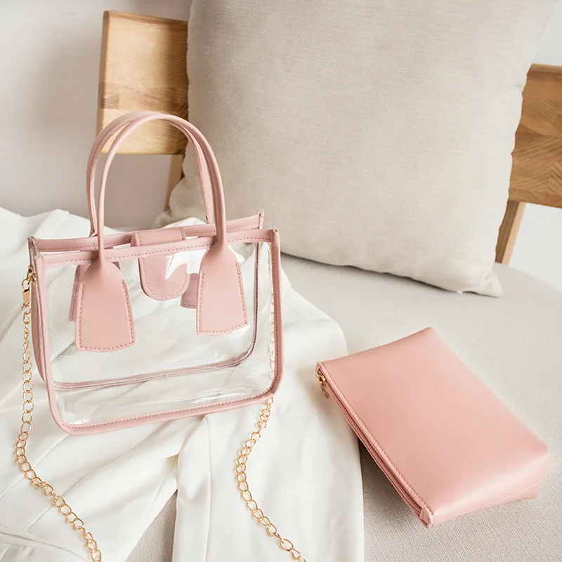 

Fashion Trend Women Solid Color Crossbody Handbag Transparent PVC PU Leather Zipper Composite Bags Chain Shoulder Strap Bag