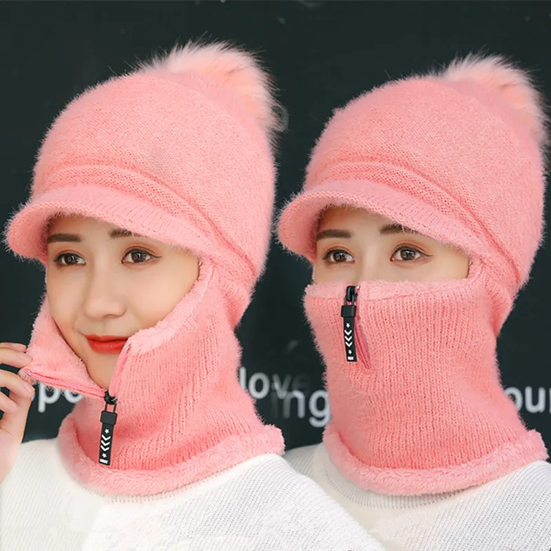 Hot Sale Female Winter Knitted Hats Add Fur Lined Warm Winter Hats For Women With Zipper Keep Face Neck Warm Pompoms Wool Hat