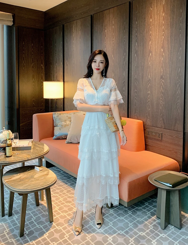 

White Chiffon Patchwork Lace Women V Neck Short Sleeve Slim Holiday Dress 2020 New Summer Printed Dot Runway Cake Long Dresses