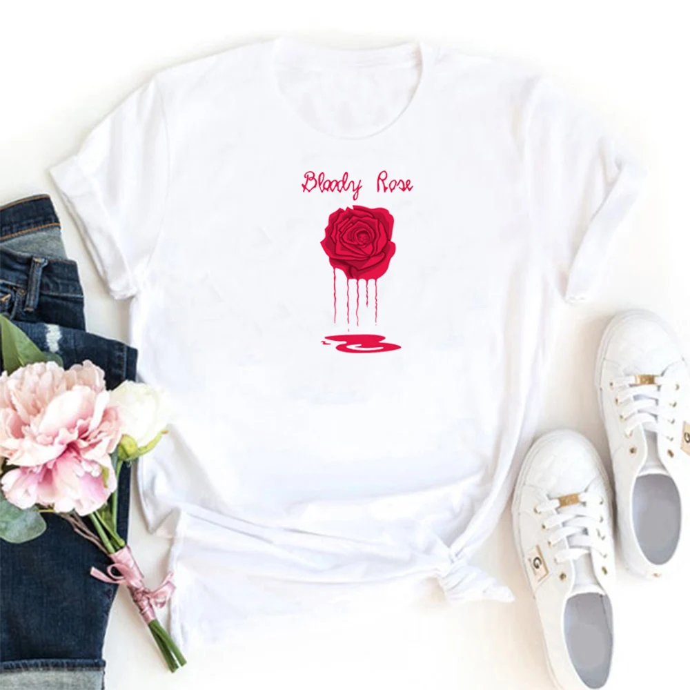 

Red Rose Women T-shirt Funny Aesthetic Clothes Tee Women Short Sleeves T Shirts Women Loose Personality White Camisetas Mujer