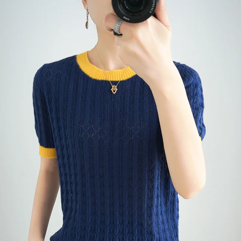 

Pure cotton Round neck short sleeve knitwear women thin 2021 spring and summer new thin hollow color matching slim short top