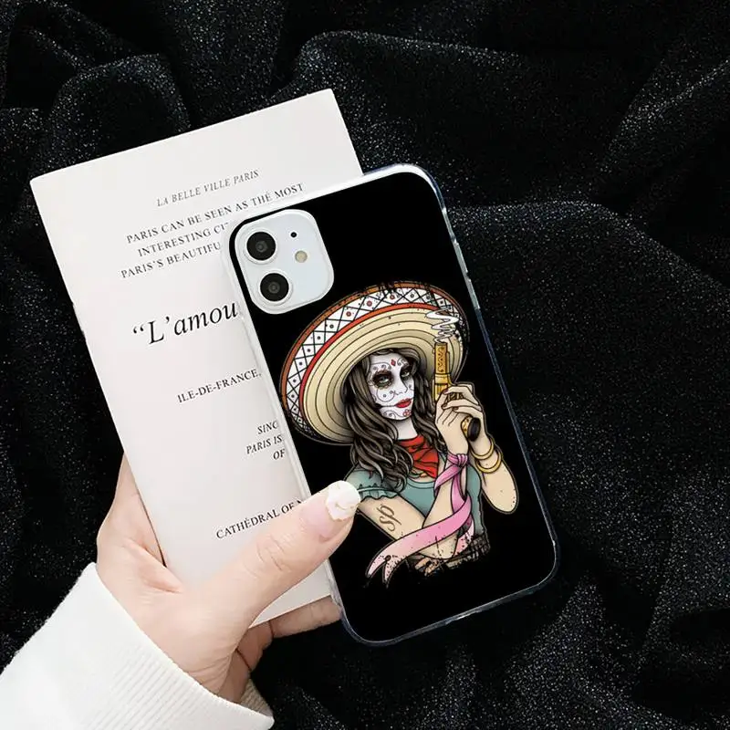 

Skull tattoo art girl horror gun Phone Case Transparent for iPhone 6 7 8 11 12 s mini pro X XS XR MAX Plus cover funda shell