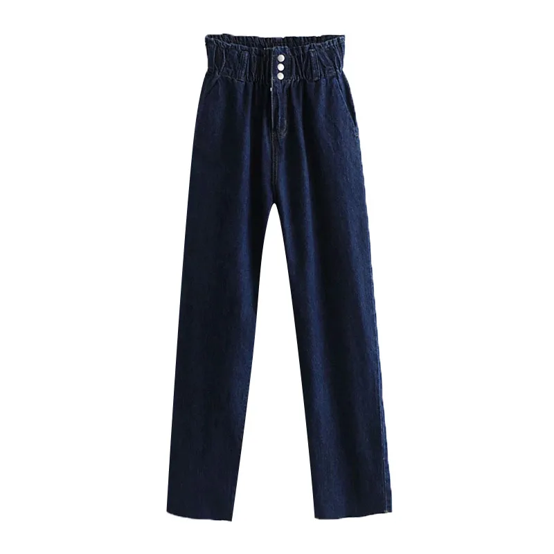 

Women Chic Fashion Side Pockets Straight Jeans Vintage High Elastic Waist Button Fly Female Denim Trousers Mujer