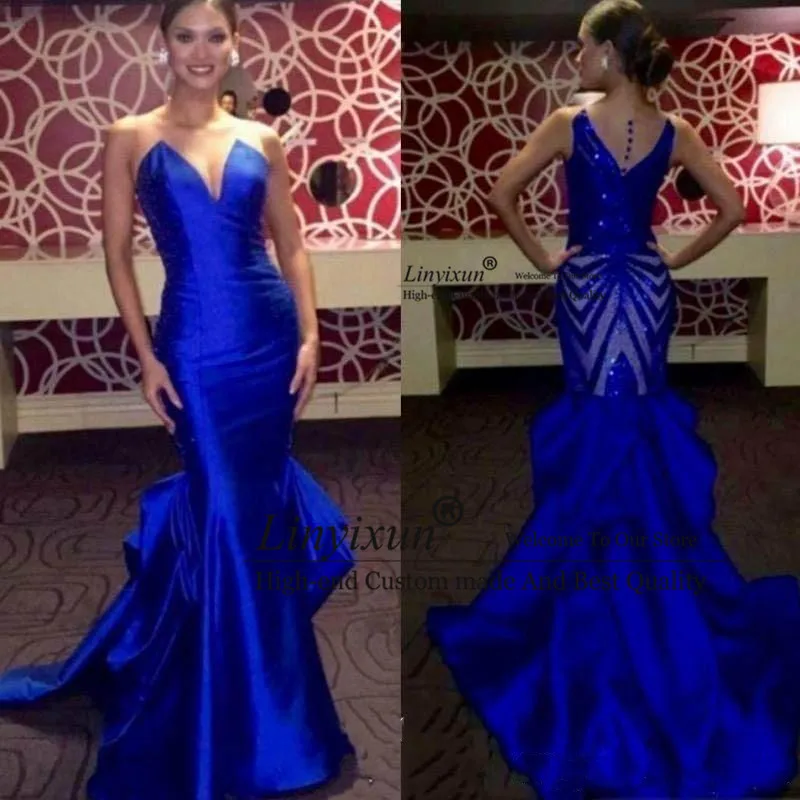 

Sexy Long 2020 Satin Mermaid Prom Dresses Back Sequined Elegant Royal Blue Sleeveless Court Train Formal Evening Party Dresses