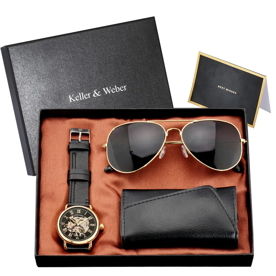 

Keller & Weber Mechanical Men Watch Present Sets Included Key Package Sunglasses Accessories Birthday Watch Gifts Set