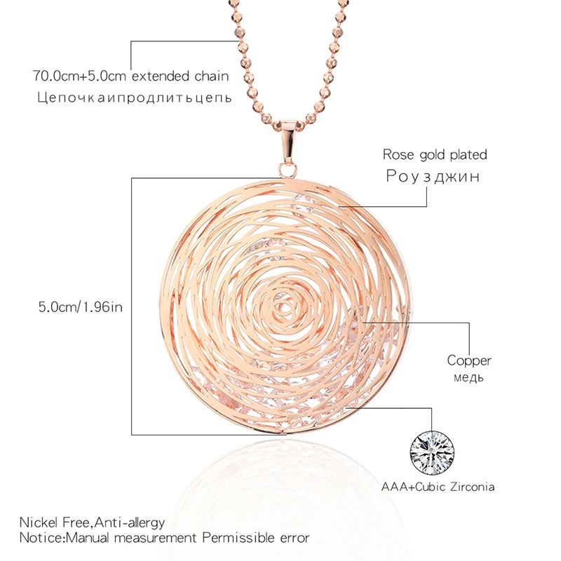 

Long Necklaces For Women Gold Silver Plated Round Pendant Sweater Accessory Fashion Statement Jewelry Crystal Necklace Gift2021