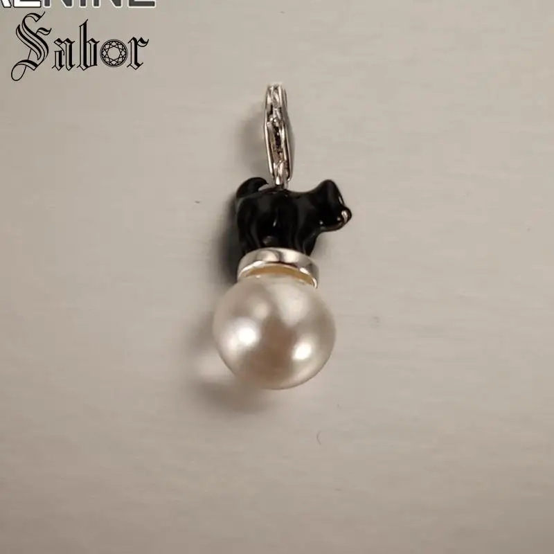 Классические посеребренные подвески в виде черного кота и жемчуга для