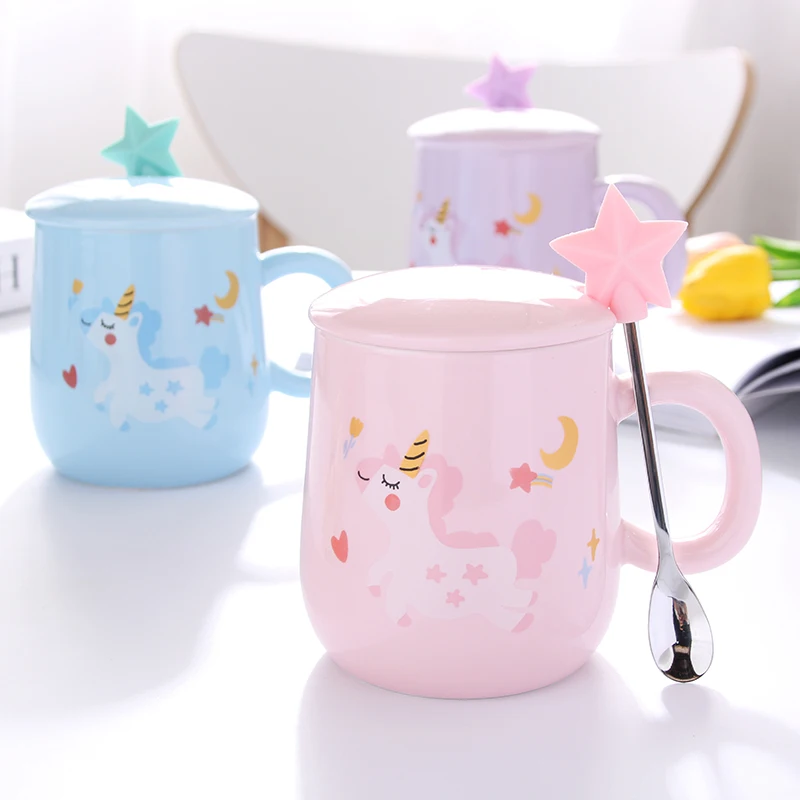 

3D Star Spoon Pink Coffee Milk Tea Cup Creative Gift For Girls Mugs Coffee Cups Cartoon Unicorn Mermaid Coffee Mug with Lid