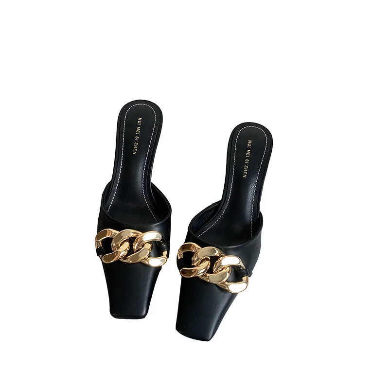 

Female Shoes Ladies' Slippers Women Heels Cover Toe Mules Sexy Rivet Low Shallow 2021 High Slides PU Fabric Rome Basic Pumps Rub