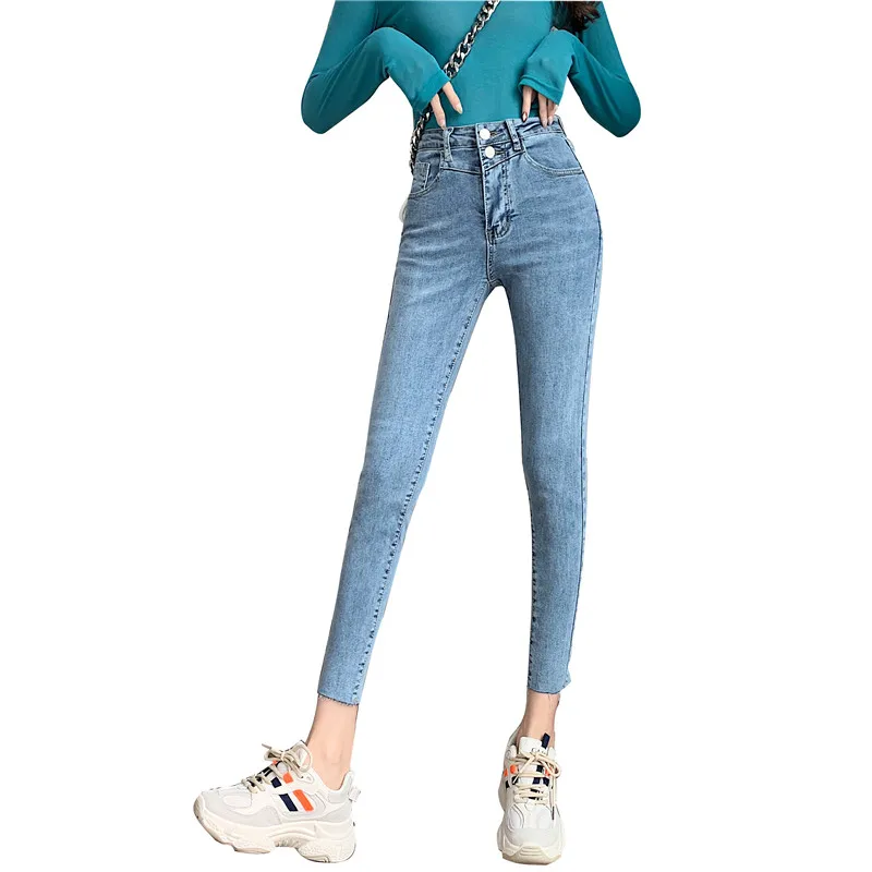 

Hong Kong flavor chic fashion all-match high-waisted jeans women's two-button stretch tight-fitting nine-point pencil pants