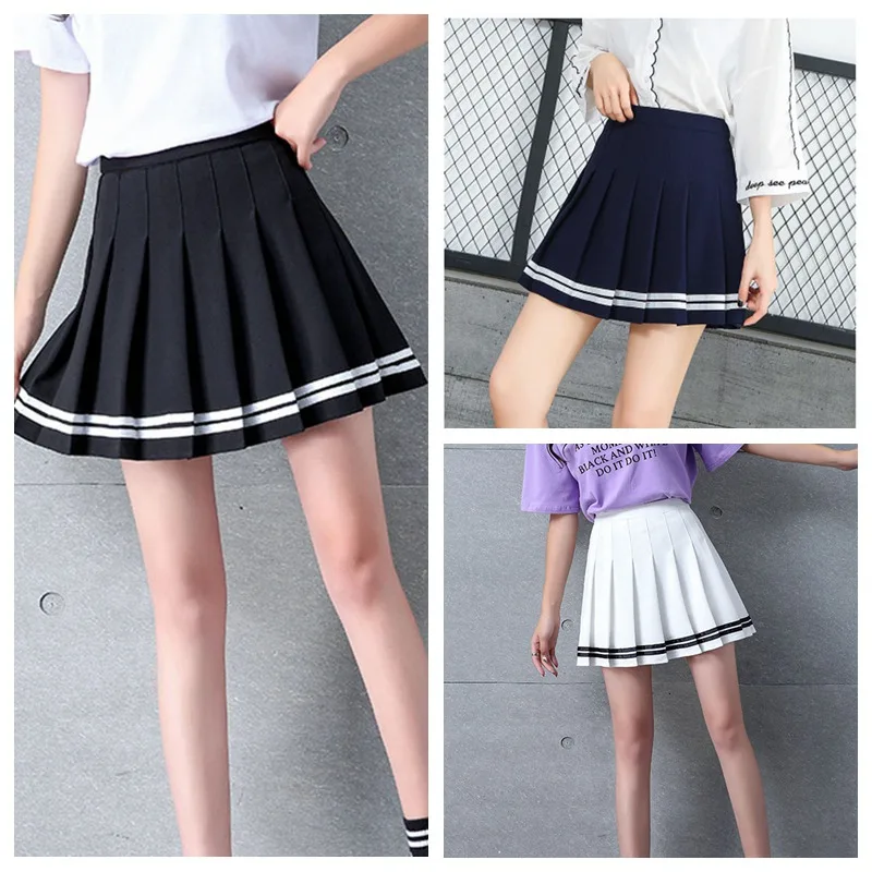 Новая мини Женская Повседневная полосатая плиссированная школьная юбка с внутренними шортами