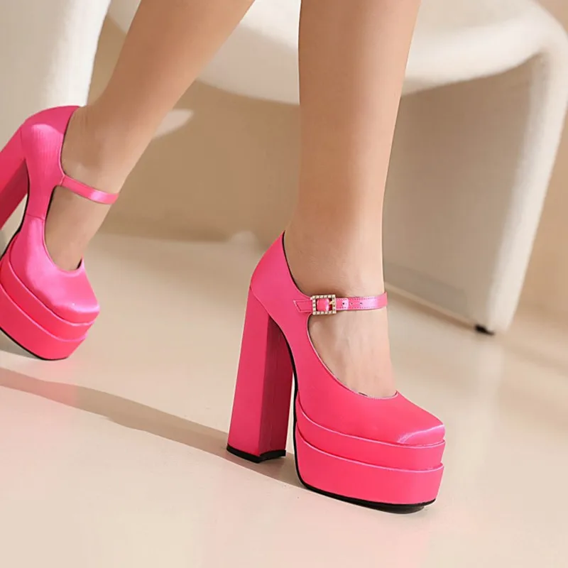 

LeShion Of Chanmeb Chic Chunky Platform Satin Pumps Woman Mary Jane High-heels Shoes Ladies Square Toe Runway Party Wedding Shoe