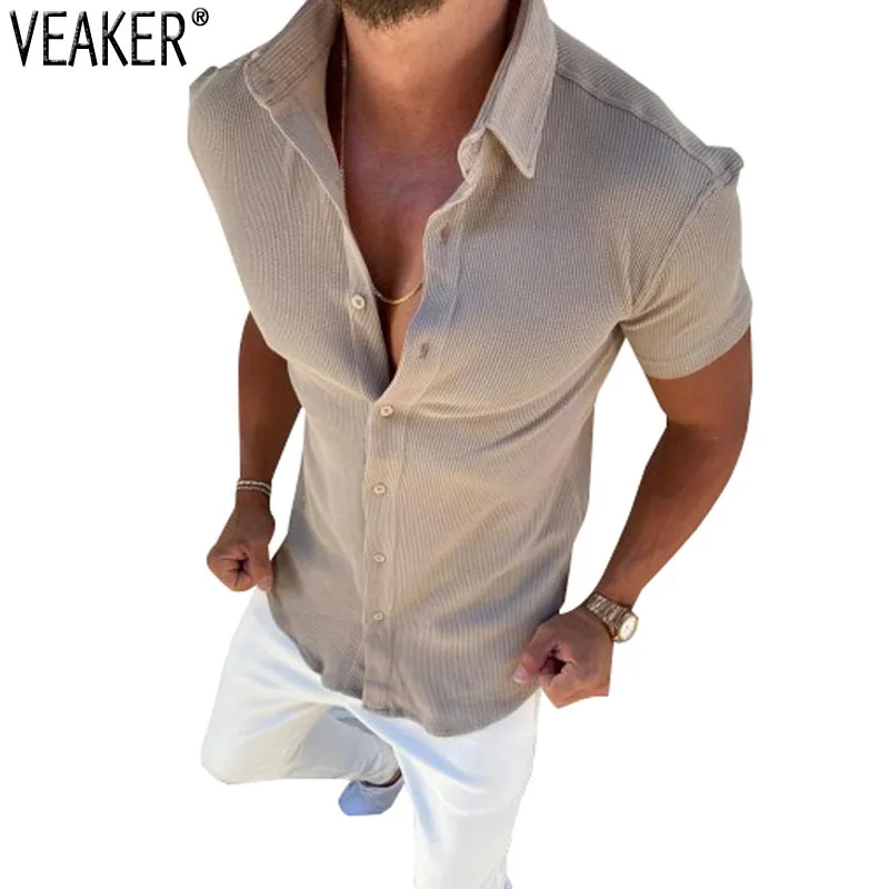 

2021 New Men's Casual Short Sleeve Shirts Male Summer Solid Color Sexy Slim fit Cotton Shirt S-2XL