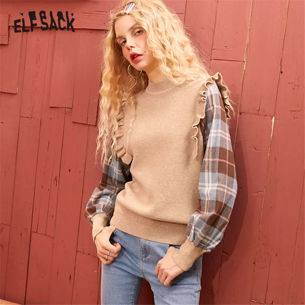 ELFSACK Black Plaid Patchwork Korean Knit Sweater Women 2020 Spring Colorblock Long Butterfly Sleeve Casual Ladies Daily Tops | Женская