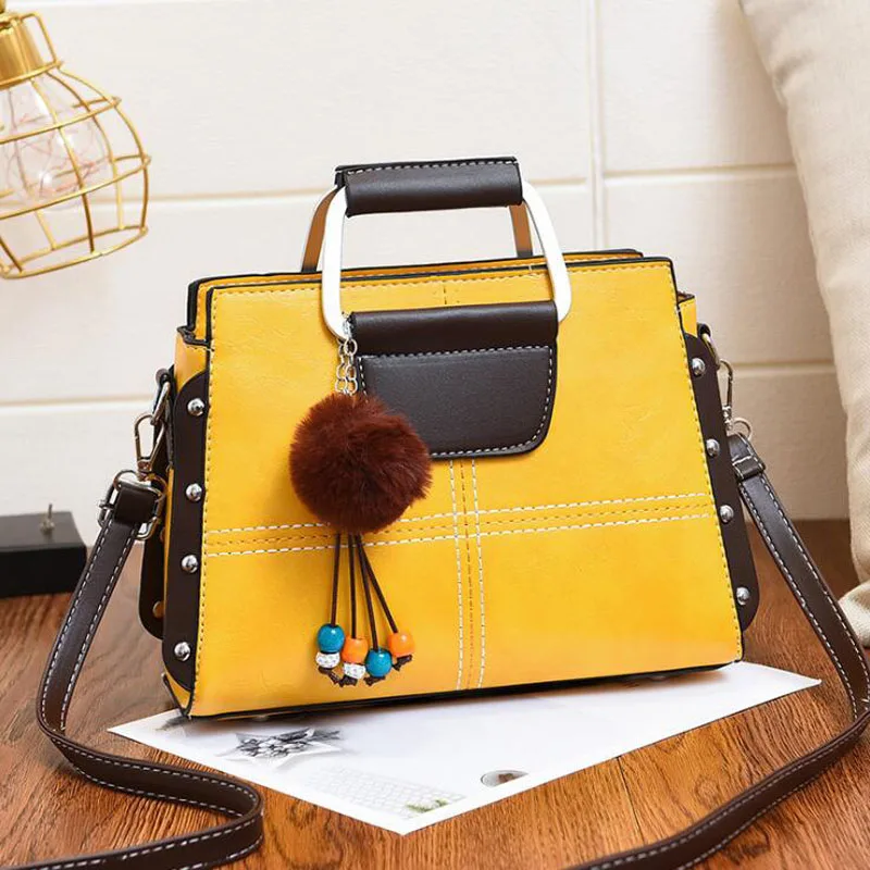 

Fashion Women Handbags Hairball PU Leather Totes Bag Top-handle Embroidery Crossbody Bag Shoulder Bag Lady Simple Style Hand Bag