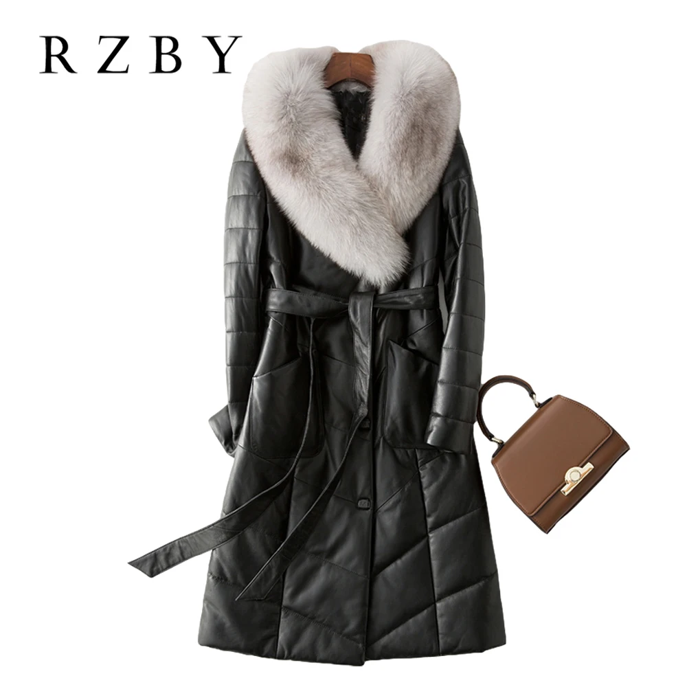 

Women 100% Real Sheepskin Leather Coat Fox Fur Collar Veste En Cuir Winter Slim Long Down Jacket Ladies Outwear RZBY332
