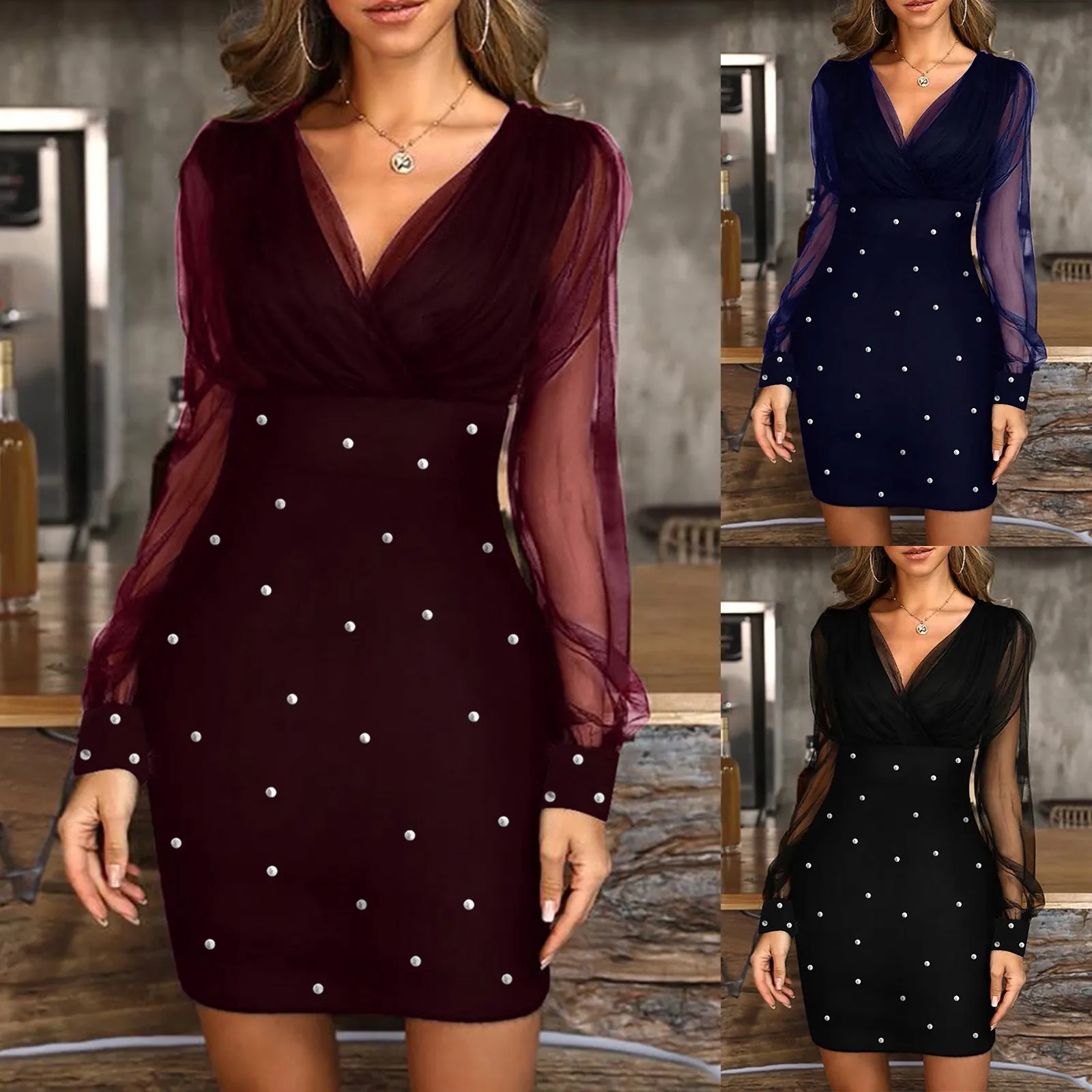 

2021 New Women Dress Women Fashion Point Print Mesh Sexy Retro Elegant V-neck Party Club Dress Fashion Female Vintage Dress