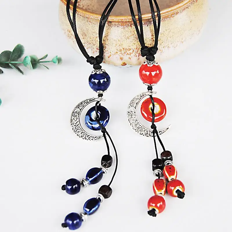 Модный керамический бисер этническое длинное ожерелье цепочка синий/красный