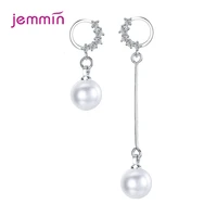 trendy 925 sterling silver sparkling zircon pearl asymmetry dangle earring for women long ear drop korea style fine jewelry