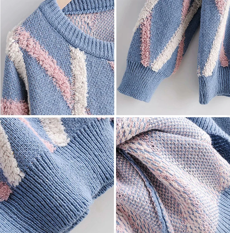 

2020 New round womens sweaters neck color matching towel diamond pullover in spring Ladies 3D rhombic check sweater