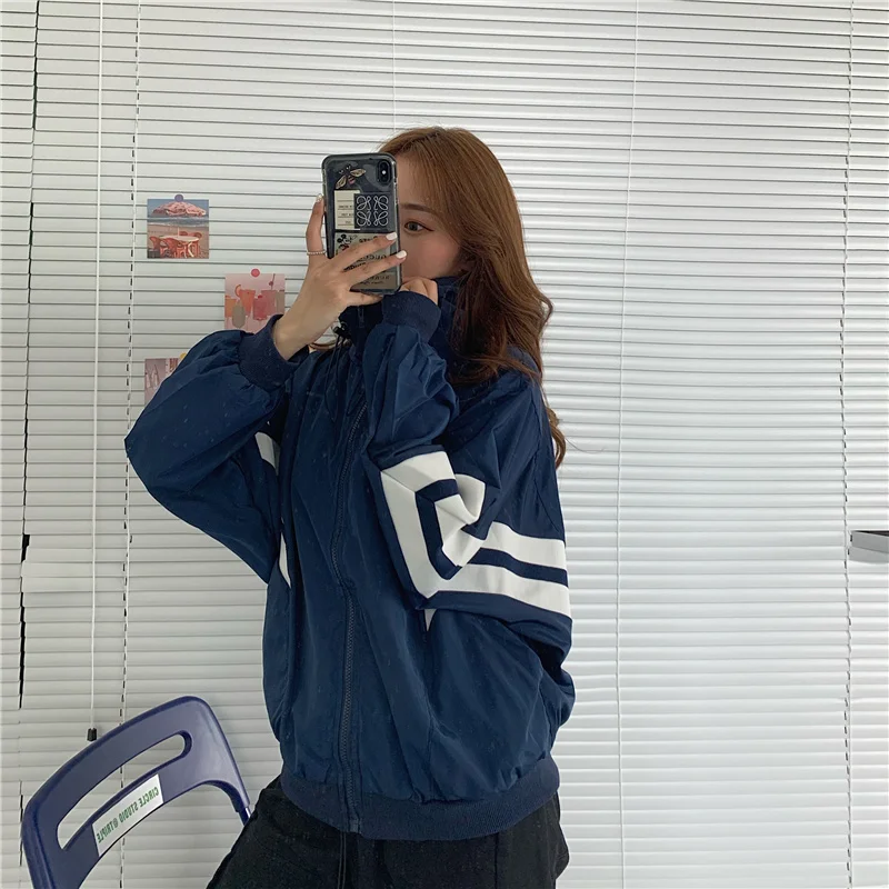 

Women Jacket Zippered Loose Top Overcoat Windbreaker Girls Harajuku Sports Style Autumn Winter
