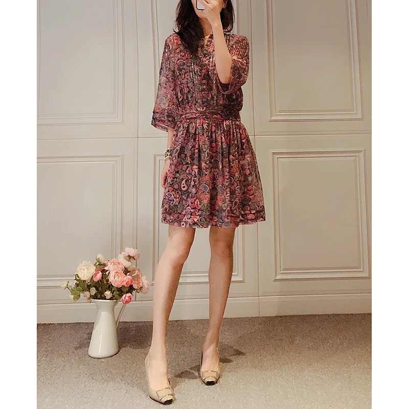 Комплект из двух частей 2020 Женское Платье До Колена с блестками винтажный принт