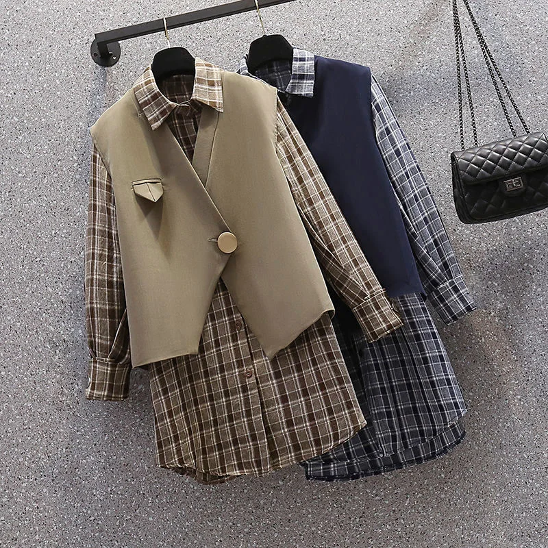 

Spring Autumn Retro Women's Korean Version Loose Casual Long Sleeve Plaid Shirt Single-Breasted Solid Color Sleeveless Vest