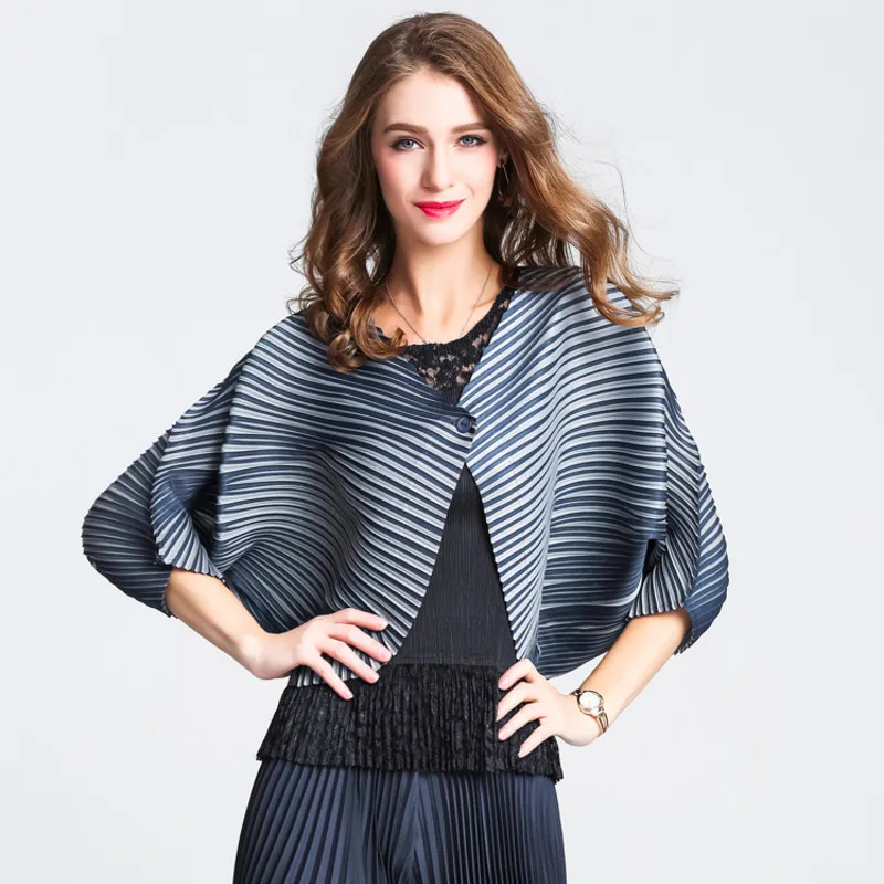 Navy Blue DEAT новинка моды летнего сезона, женская одежда, японский стиль рукава «летучая мышь» в складку с открытым швом; кардиган, короткий жакет WG13701 - Цвет: Navy Blue