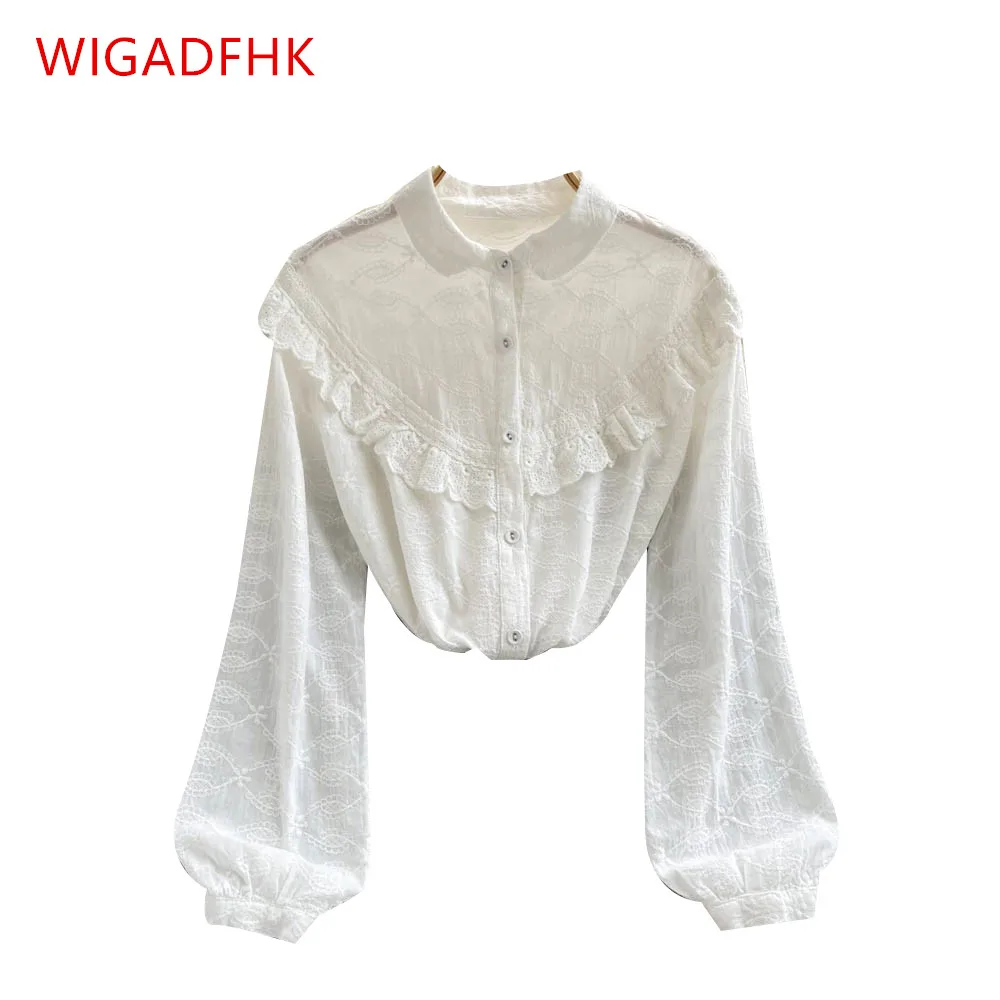 

Новинка весны 2022, милая и тонкая рубашка WIGADFHK в стиле ретро с кружевом и длинными рукавами, Женский шикарный топ