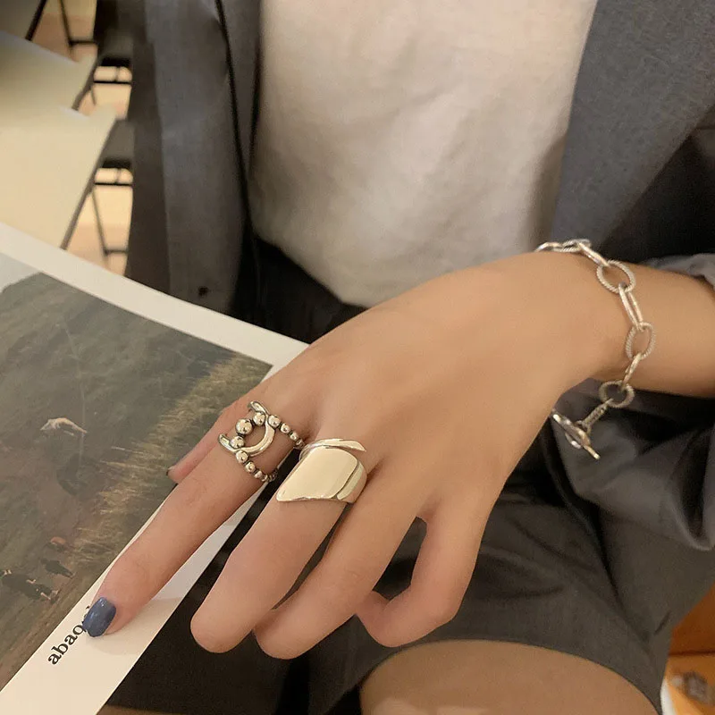 

JMYUMI 925 Sterling Silver Hot Sale Korean Retro Geometric Glossy Ring Female INS Trend Simple Index Finger Open Кольцо Gift